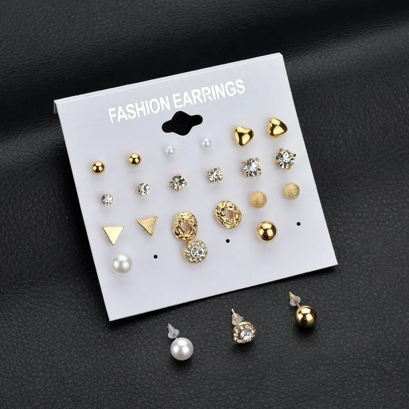 Factory New Style Cheap Wholesale Women Square Crystal Heart Stud Earrings for Women Pearl Flower Earring Set