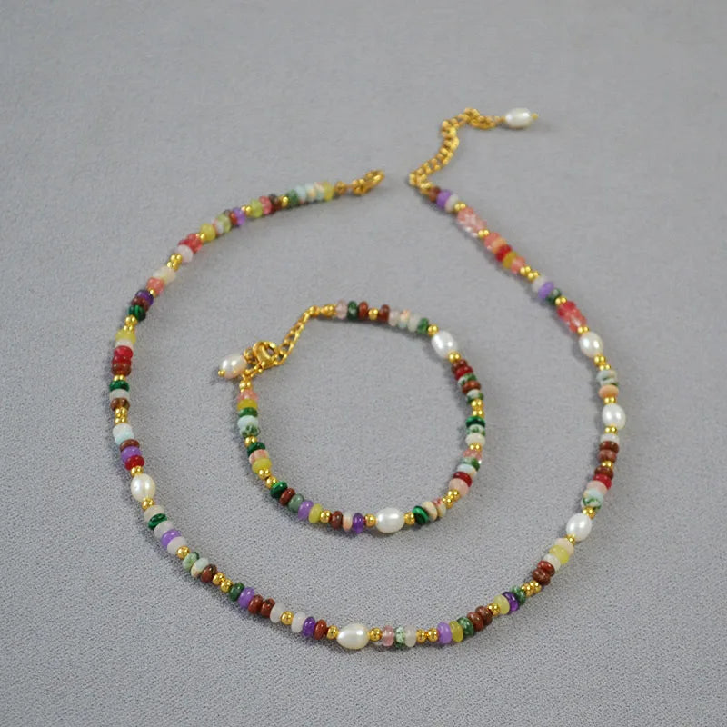 Wholesale Simple Brass Natural Stone Pearl Beaded Bracelet Necklace Set Bohemia Style Beaded Jewelry Set for Lady Gift