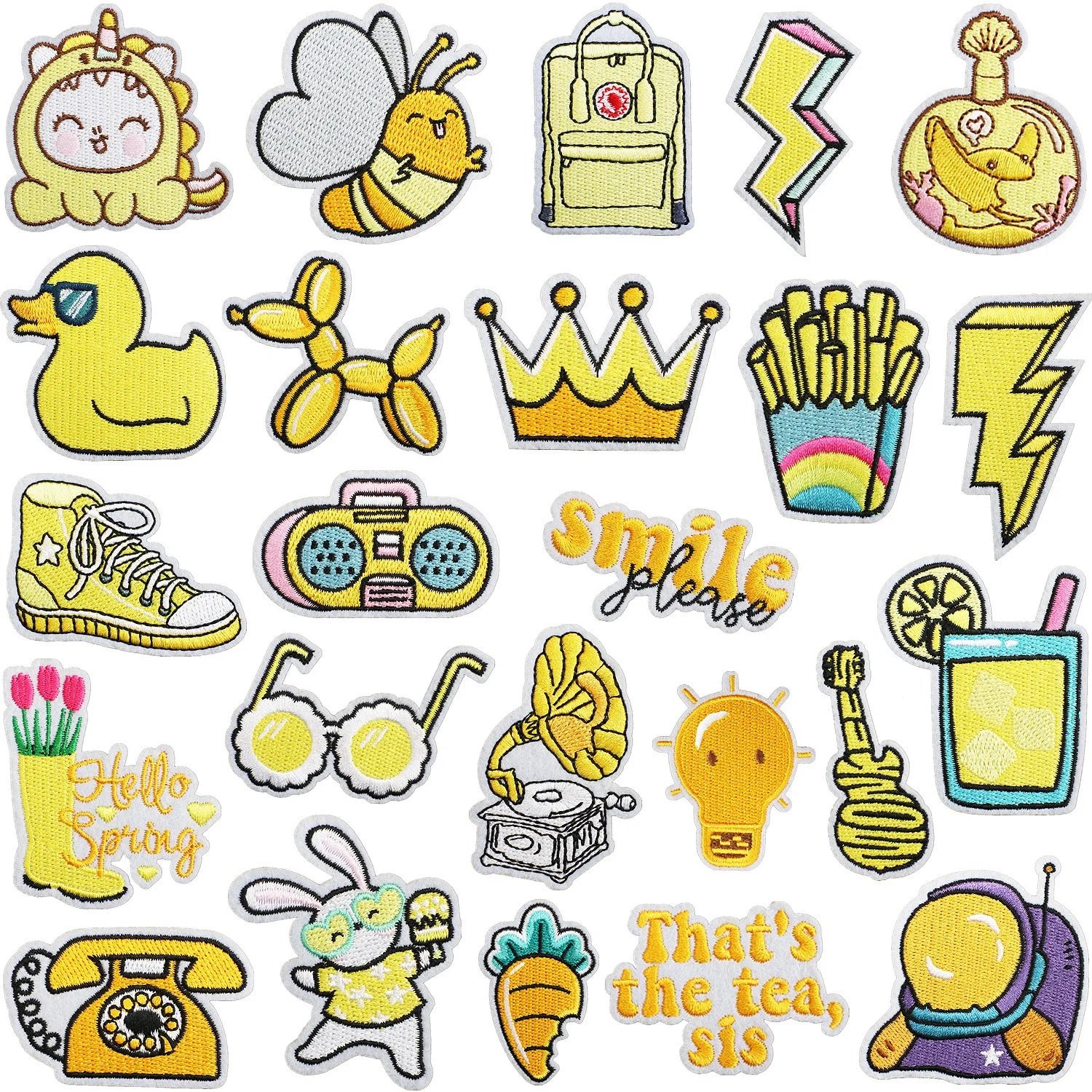 New Iron on Embroidery Yellow Series Chips Crown Sneakers Guitar Phone Drinks Patch for Decoration Gift
