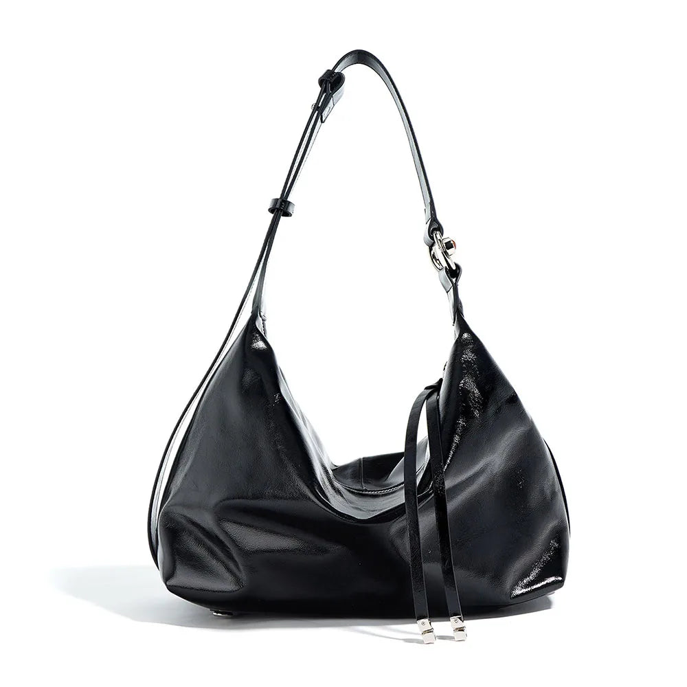 Luxury Dumpling Hobo Bag Premium Glossy Top Grain Cowhide Leather Women Shoulder Bag Minimalist Tote Fashion Female Handbag