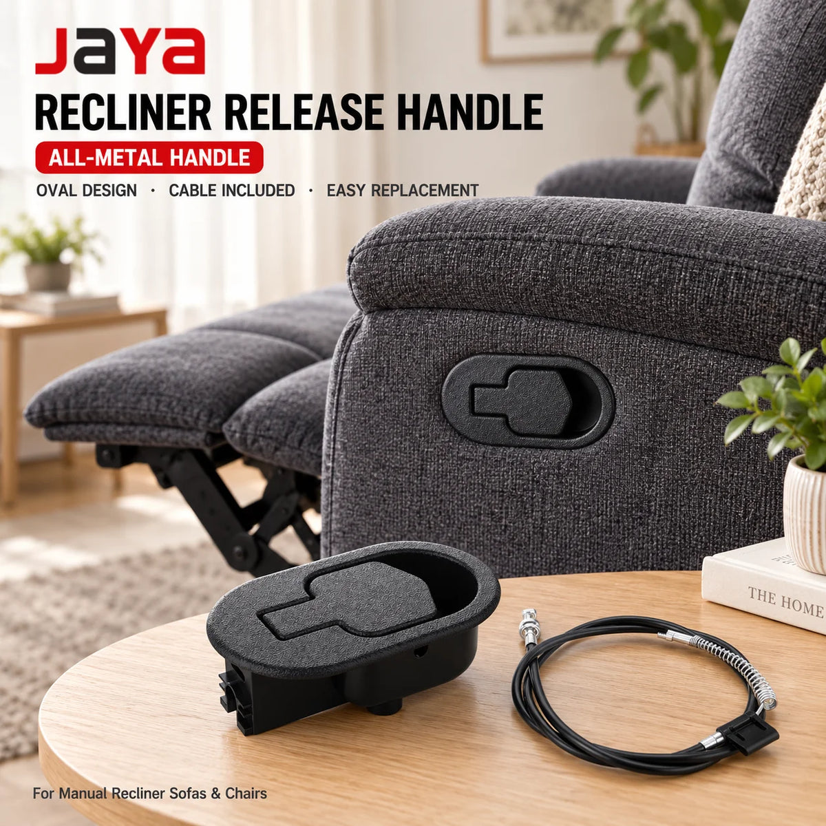 JAYA Black All Metal Oval Recliner Release Pull Handle with Cable Replacement Part for Manual Sofa and Chair Mechanism MegaBDM