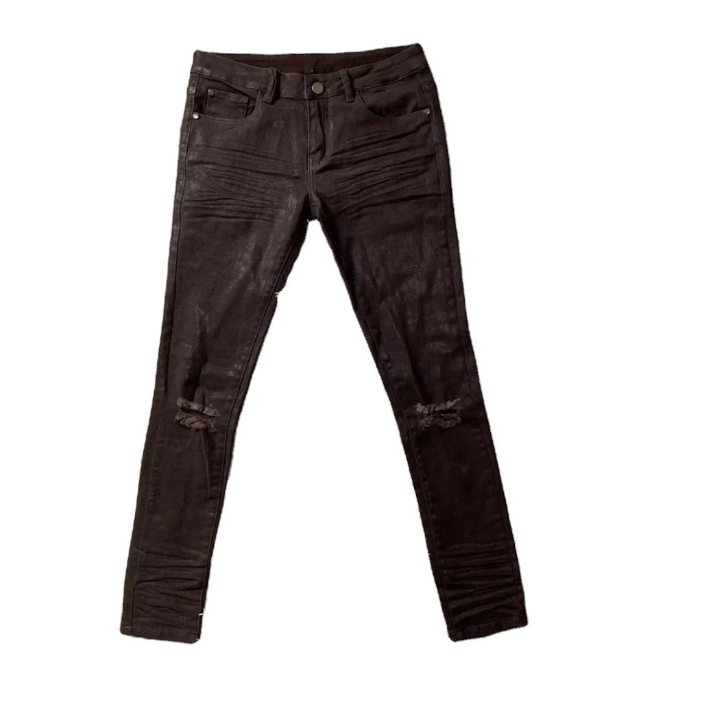 DENIMGUYS American Street Style Men's Vintage Washed Ripped Distressed Skinny Stretch Men Denim Waxed Jeans Coated Pants