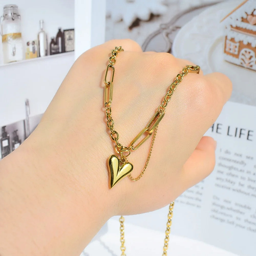 MECYLIFE Puzzle Chains Necklace Cute Heart Stainless Steel Necklace Women's 18k Gold Heart Necklace