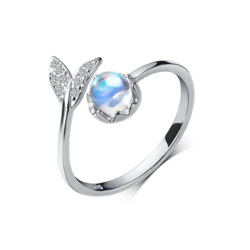 Merryshine Women's 925 Sterling Silver Adjustable Ocean Stone Open-Mori Diamond Blue Moonstone Little Mermaid Fashion Ring
