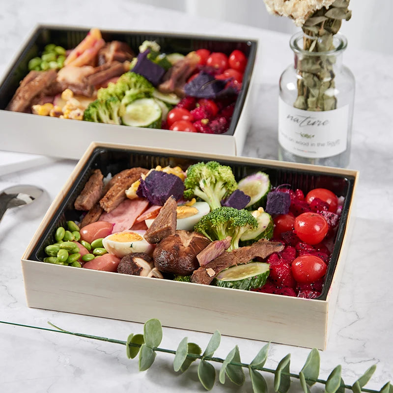 Can Take Away the Lunch Box Rectangular Shape DIY Design Wooden Sushi Take Out Box Cake Dessert Container With Transparent Lid