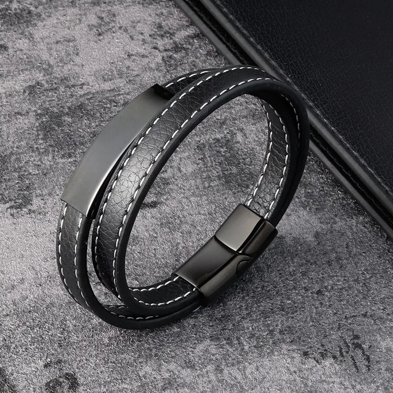 Custom Made Stainless Steel Metal Bar Fashion Vintage Mens Wrist Band Boys Gift Braided Leather Bracelet with White Thread