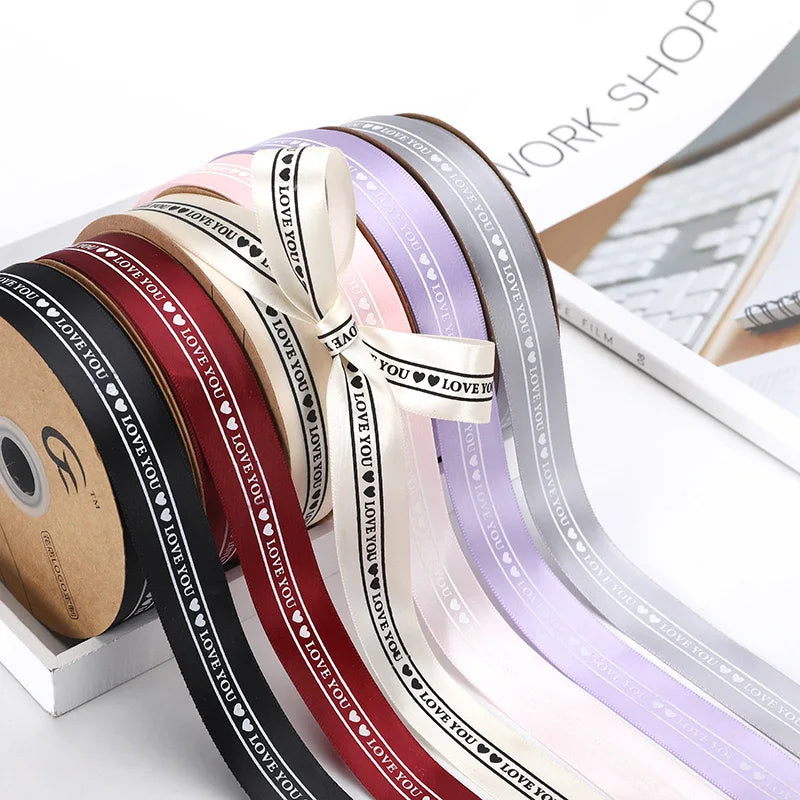 Wholesale 1 Inch Love You Printed Polyester Ribbon Gifts Box Ribbons Roll for Valentine's Day Flower Packaging