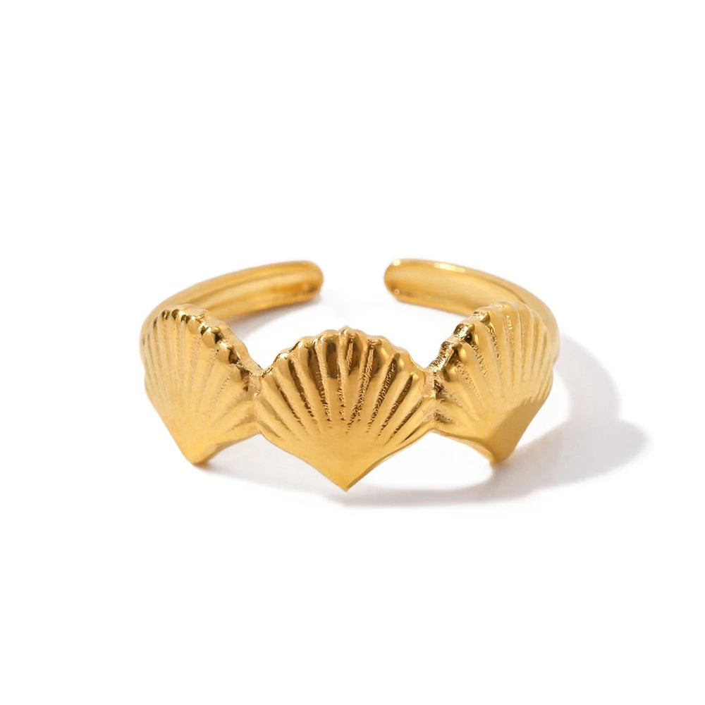 N&S Modern 18K Gold Plated Stainless Steel Shell Ring Tarnish-Free Beach-Inspired Engagement Anniversary Jewelry or Gift