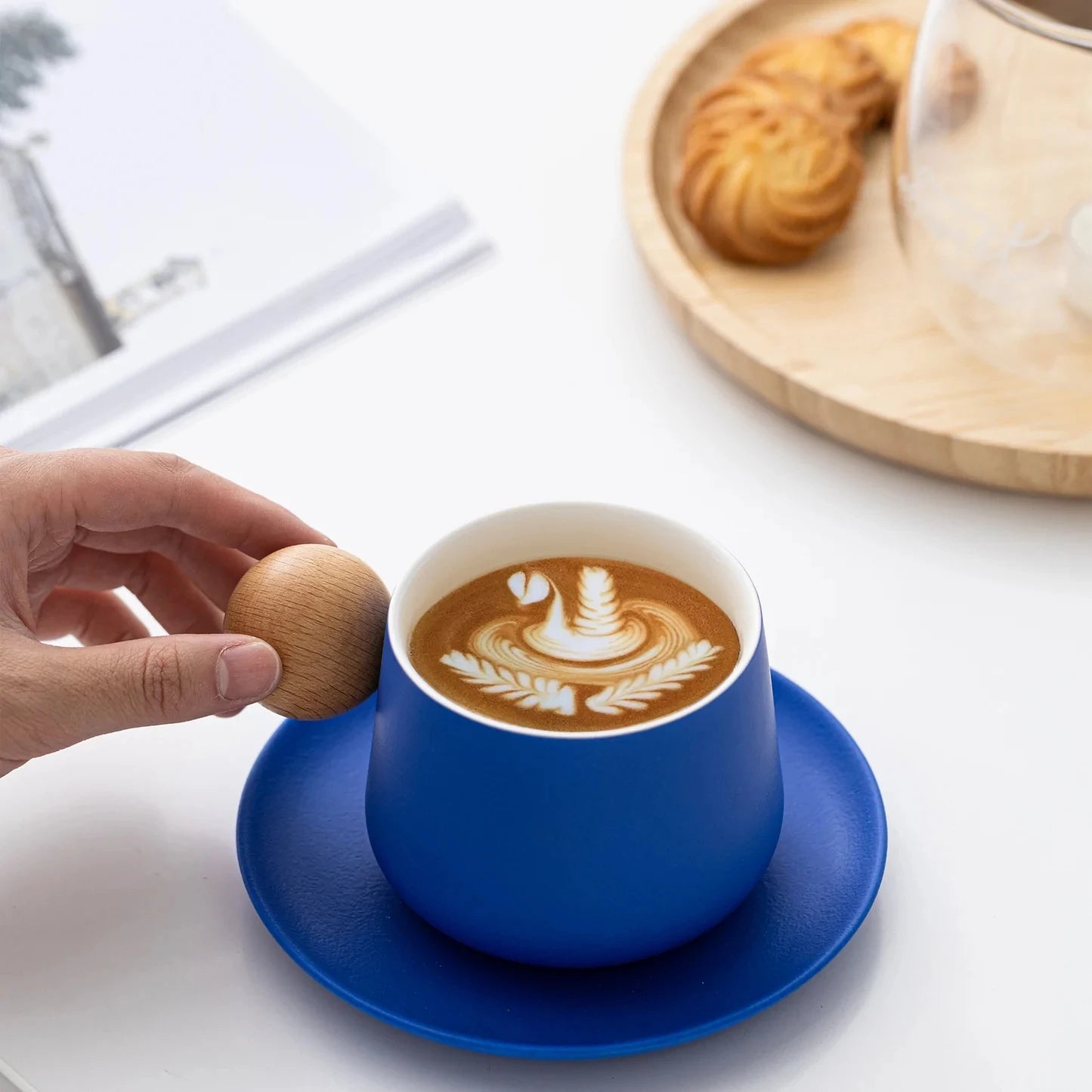 Novelty Luxury Blue Matte Ceramic Porcelain Tea Cup Saucer Eco-Friendly Nordic Style 10.8 oz Capacity Wood Handle Wedding