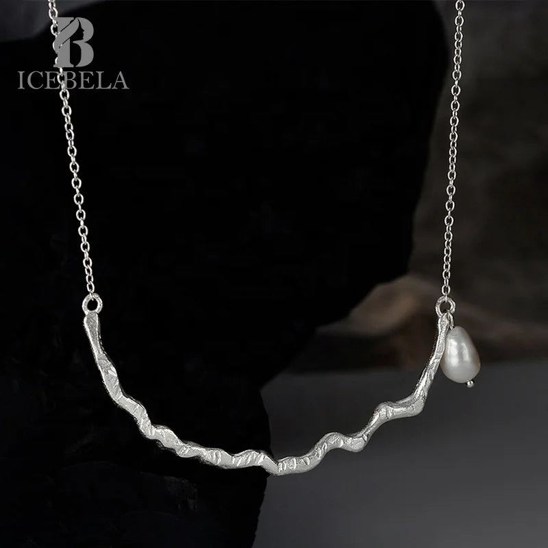 ICEBELA 925 Sterling Silver Grain Texture Women's Icebella Jewelry Short Baroque Pearl Wave Pendant Necklaces for Women