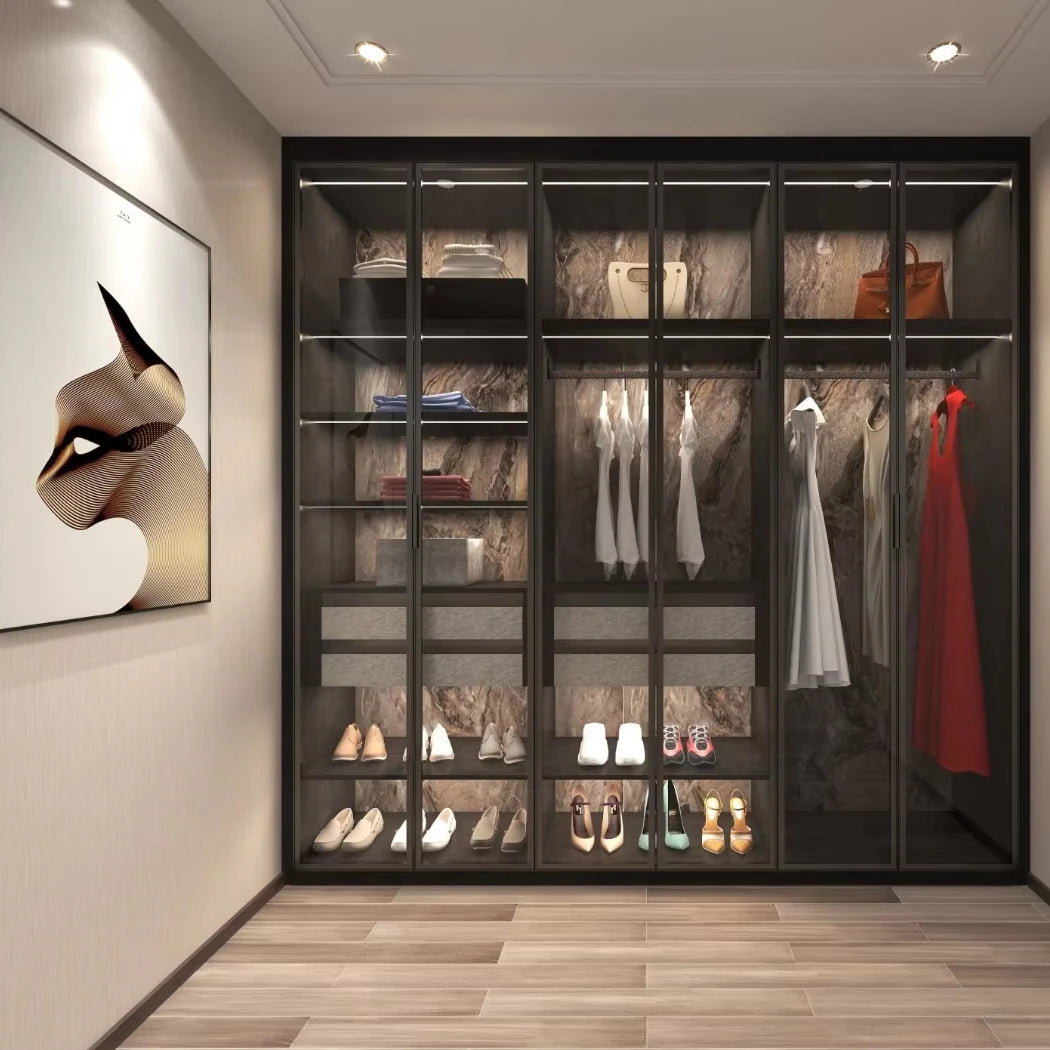 Latest Design Customize Tempered Glass Wardrobe Dressing Room Cabinet Walk-in Closet Storage Cabinets