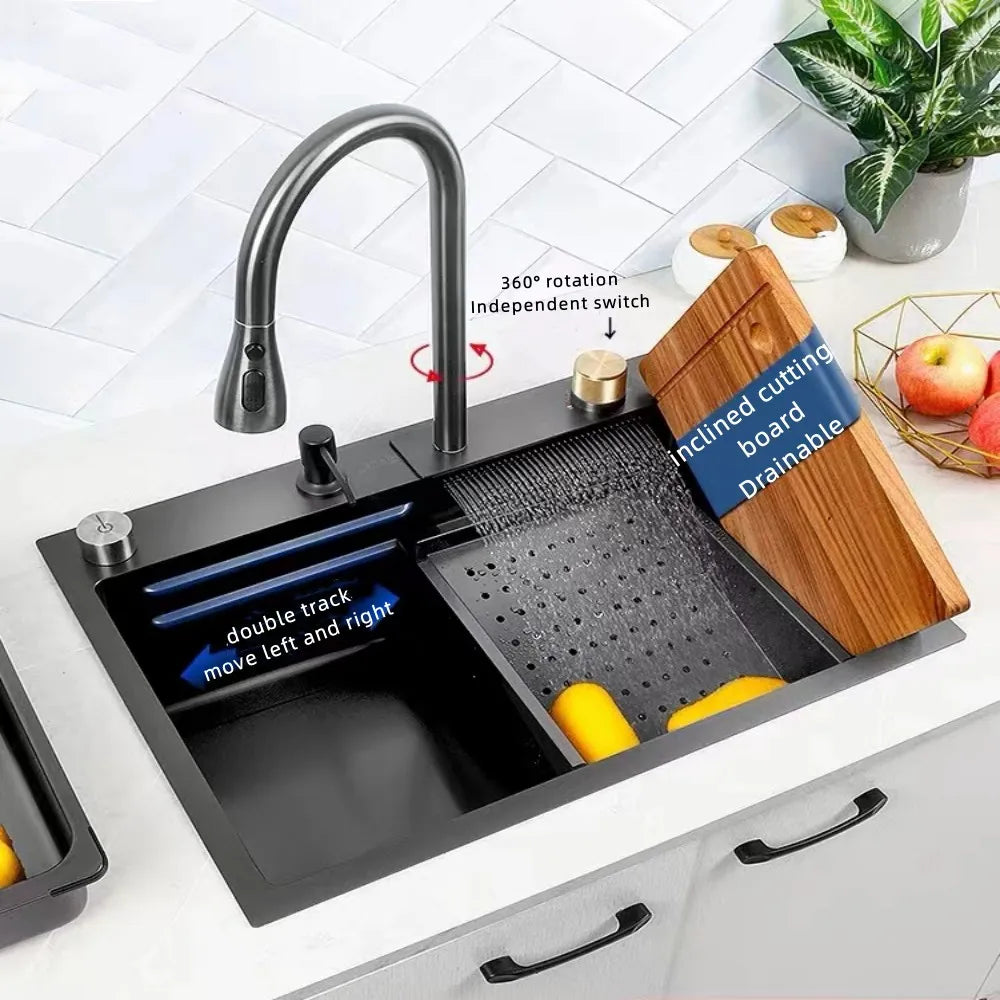 Black Nano Kitchen Sink 304 Stainless Steel Fruit and Vegetable Bowls Clean Multi-Function Large Hidden Waterfall Single Sink