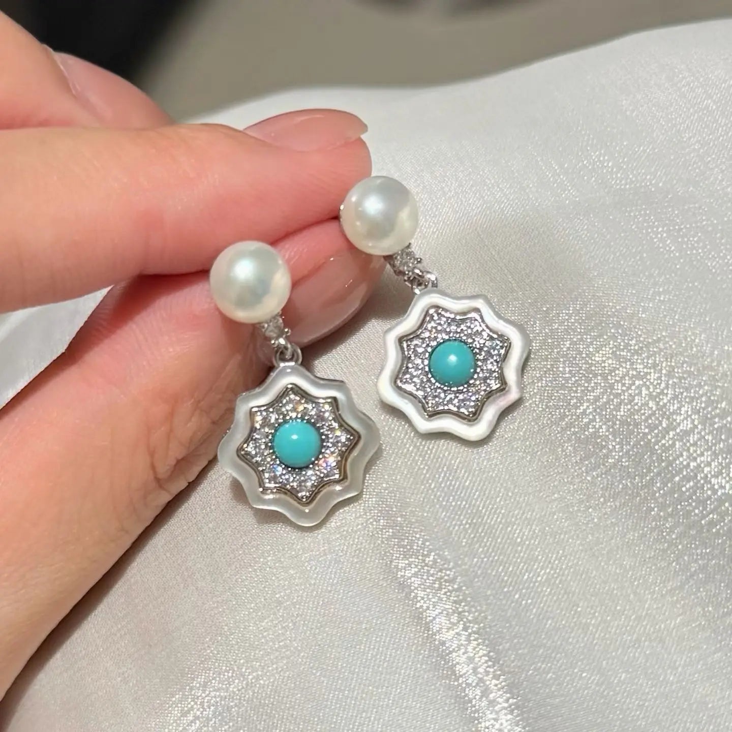 Natural Eight Star Shell Turquoise Stud Earrings with AAAA Grade Freshwater Pearl Rhodium Plated Luxury Design for Women