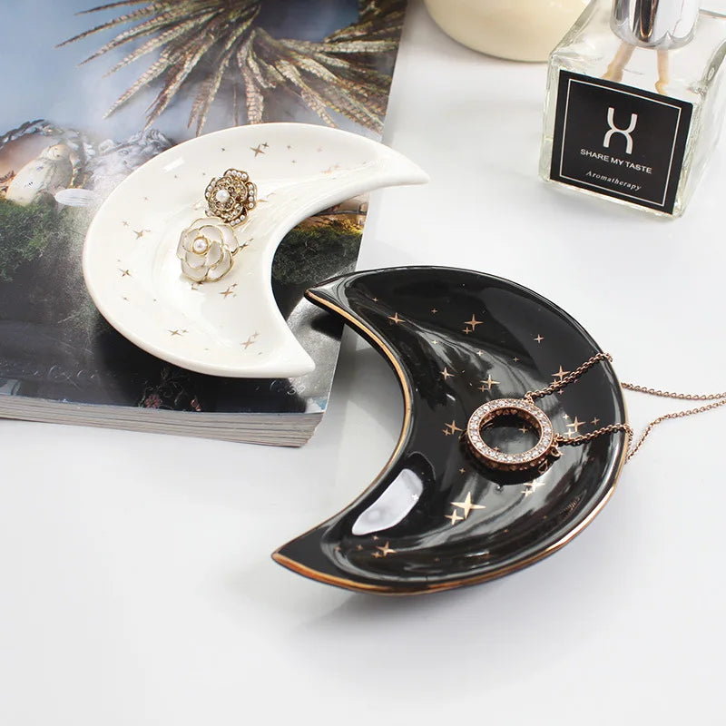 Ceramic Wedding Ring Jewelry Earrings Dish Tray Moon Ring Holder Dish for Women Dressing Table Storage Plate