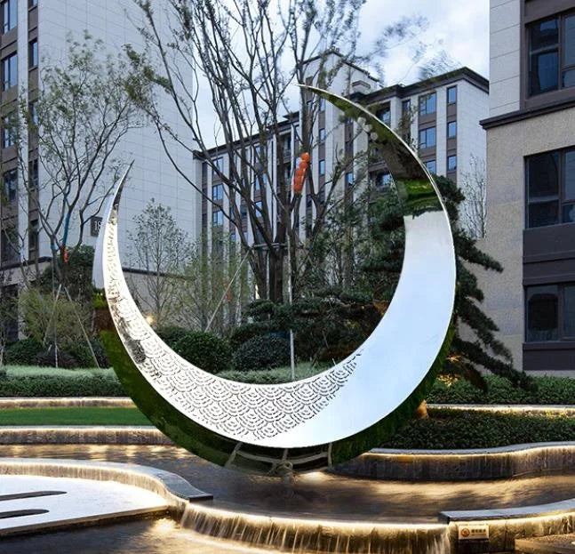 Modern Large Outdoor Landscape Hollow Metal Stainless Steel Fiberglass 2mm Thick Moon Sculpture UV Polished Finish 200-300cm