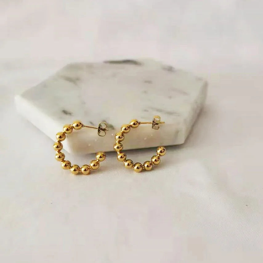 Women's Stainless Steel Tiny Balls Beads Gold Plated Beaded Hoop Earrings Hypoallergenic Stud Earrings with Zircon Stone