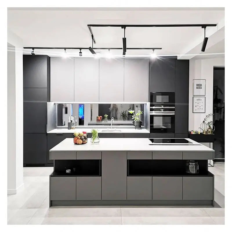 Ready to Assemble  Automatic Lifting Valued Matt Pantry Modular Flat Pack Grey Oak Solid Wood Kitchen Cabinet