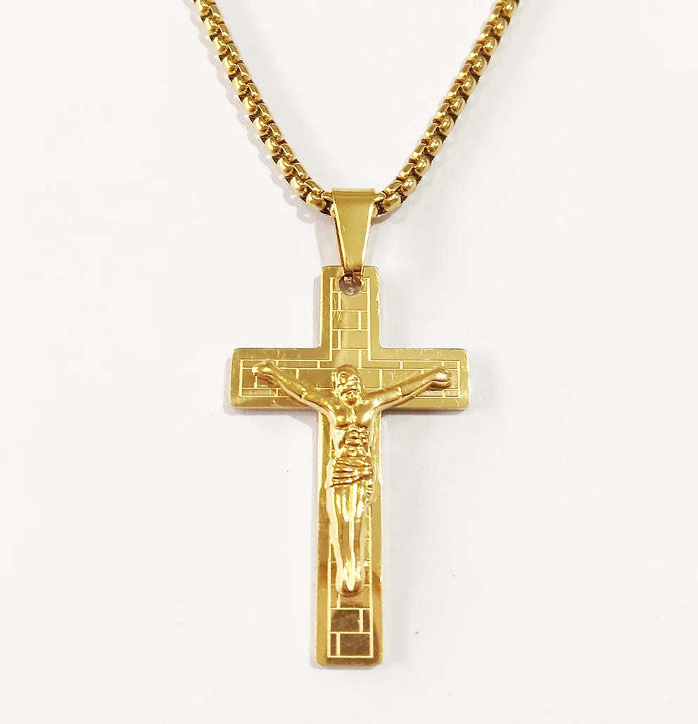 Jesus 14k Gold Plated Saint Benedict Religious Cross Pendant Catholic Crucifix Necklace for Men