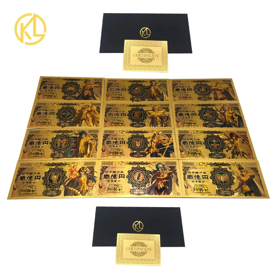 24 Designs Japan Anime Golden Saint Seiya 10000 Yen Gold Plastic Collective Banknotes for Memory Collection