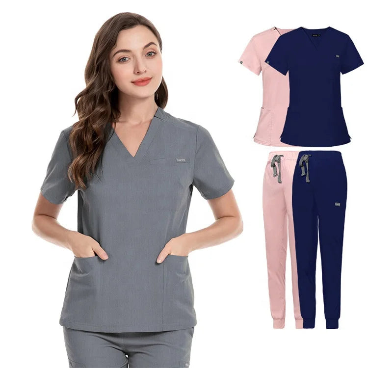 Men's Women's Elastic Wholesale Oem logo Custom Nursing V-neck Top Pant Jogger  Hospital Doctor Uniforms Scrub Suit Scrubs Set