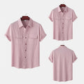 RNSHANGER Cotton Linen Solid Color Men's Summer Casual Business Shirt Single Breasted Turn-down Collar Double Pocket Short