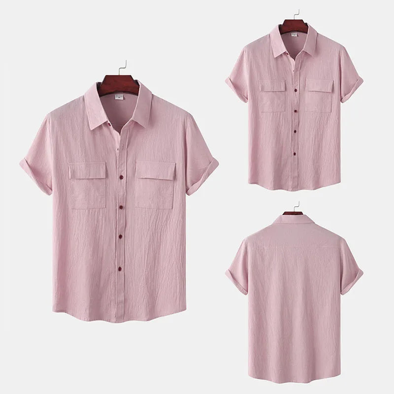 RNSHANGER Cotton Linen Solid Color Men's Summer Casual Business Shirt Single Breasted Turn-down Collar Double Pocket Short