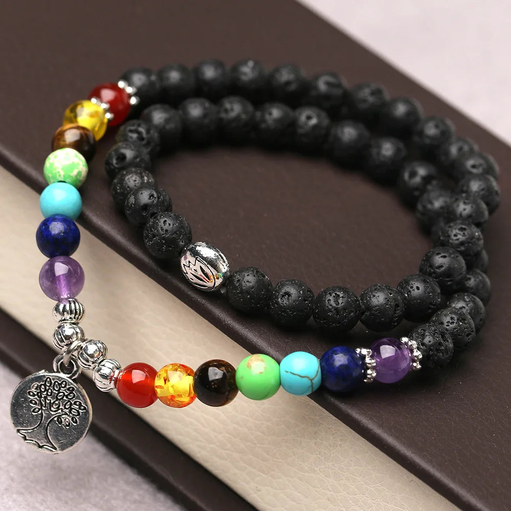 Two Pieces Multi-color Volcanic Rock Bracelets Lava Stone Tree of Life Beaded Charm Bracelet
