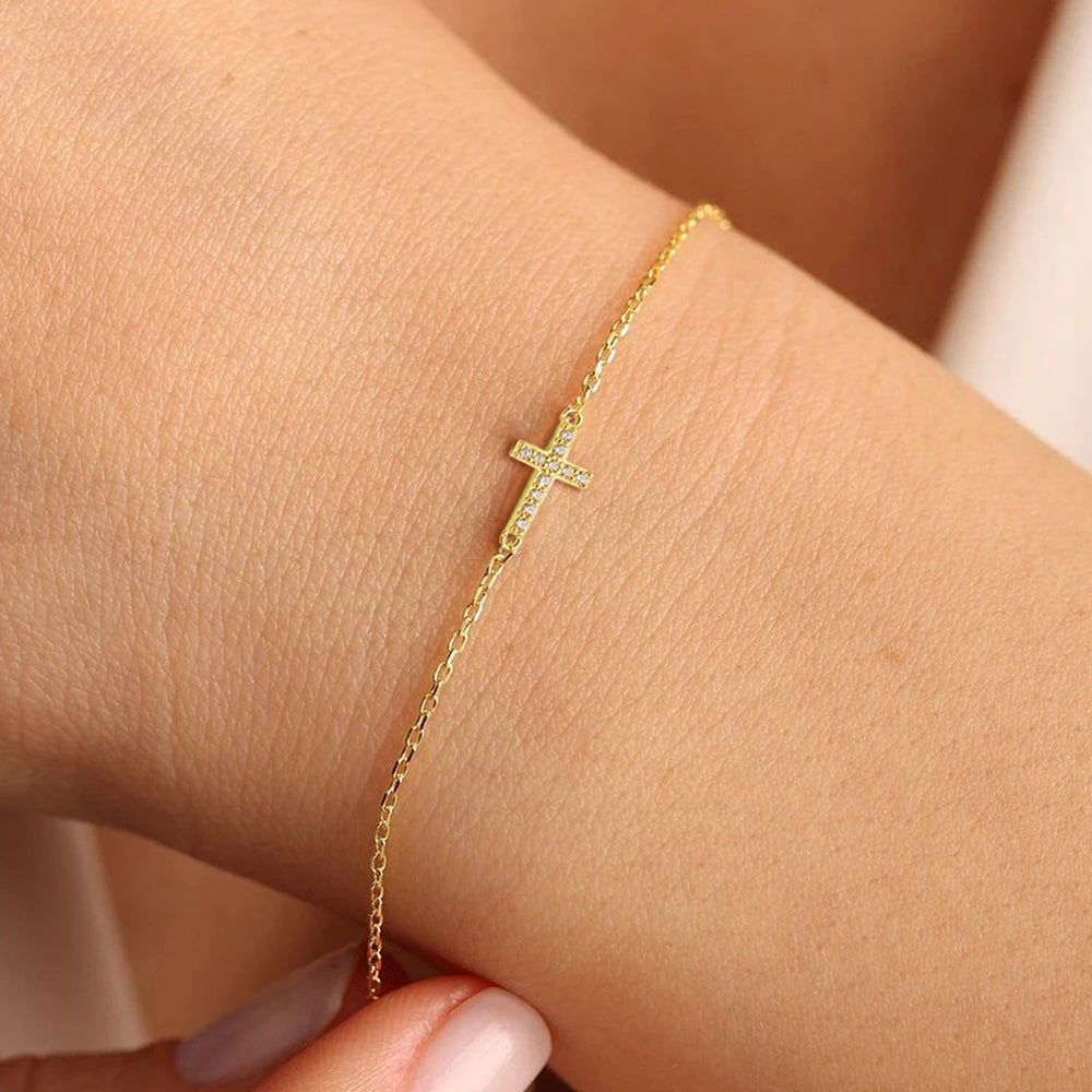 Fashion Personality Design 925 Sterling Silver Gold Plated Micro Inlay Zircon Cross Bracelet for Women Jewelry