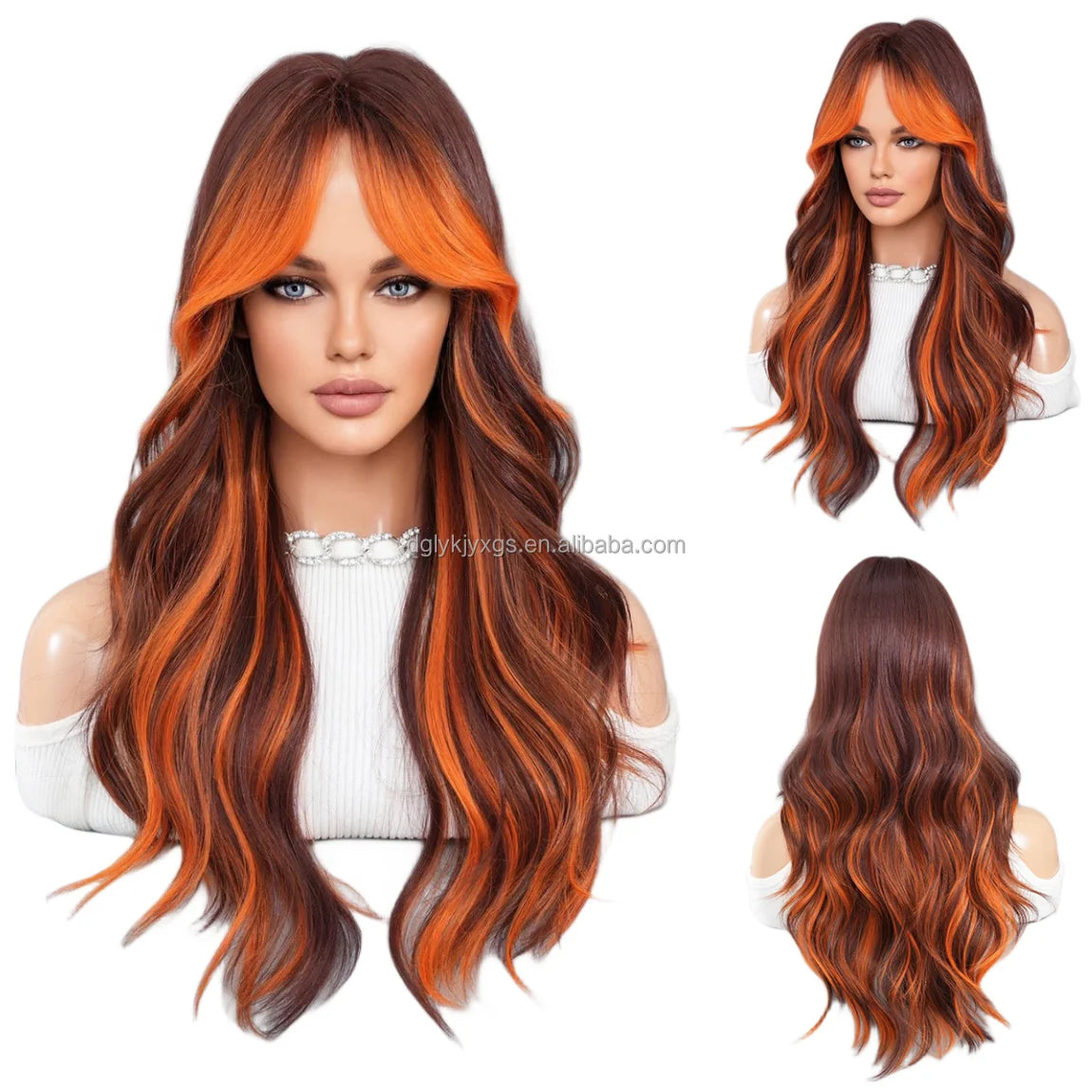 26-Inches Flame Orange Spot Dyed Long Curly Hair Synthetic Hair Bangs Curly Wigs  Water Wave Wig  Women Hair
