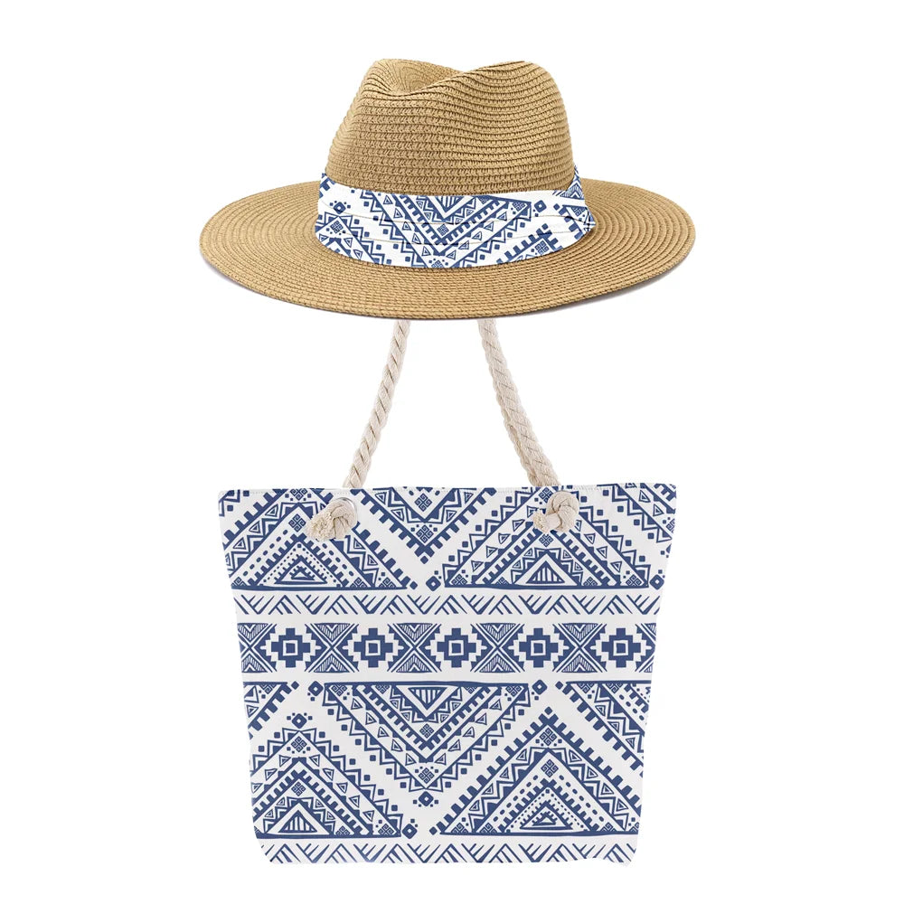 Canvas Tote Bag and Panama Hat Set 2024 New Design Fashion Women Spring Summer Matching Zipper Portable Beach Bag