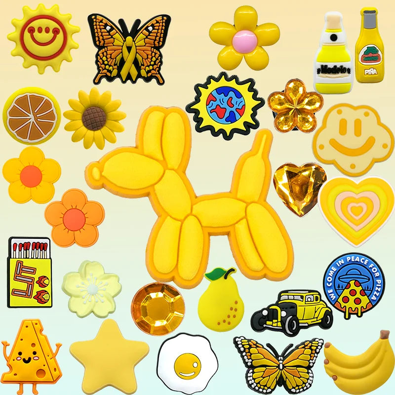 Customized Wholesale Yellow 2D Pvc Diy Clog Sandal Accessories Flower Sun Balloon Dog Shoes Decorations Soda Cheese Shoe Charms