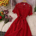 French Retro Style Chic Chic Dress Skirt Scheming Hollow Lace Short-sleeved Dress Female Summer