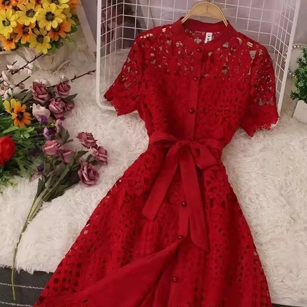 French Retro Style Chic Chic Dress Skirt Scheming Hollow Lace Short-sleeved Dress Female Summer