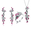925 Sterling Silver Butterfly Jewelry Set Romantic Ruby Black Spinel Gemstone Rings Pendant Drop Earrings for Women Gift
