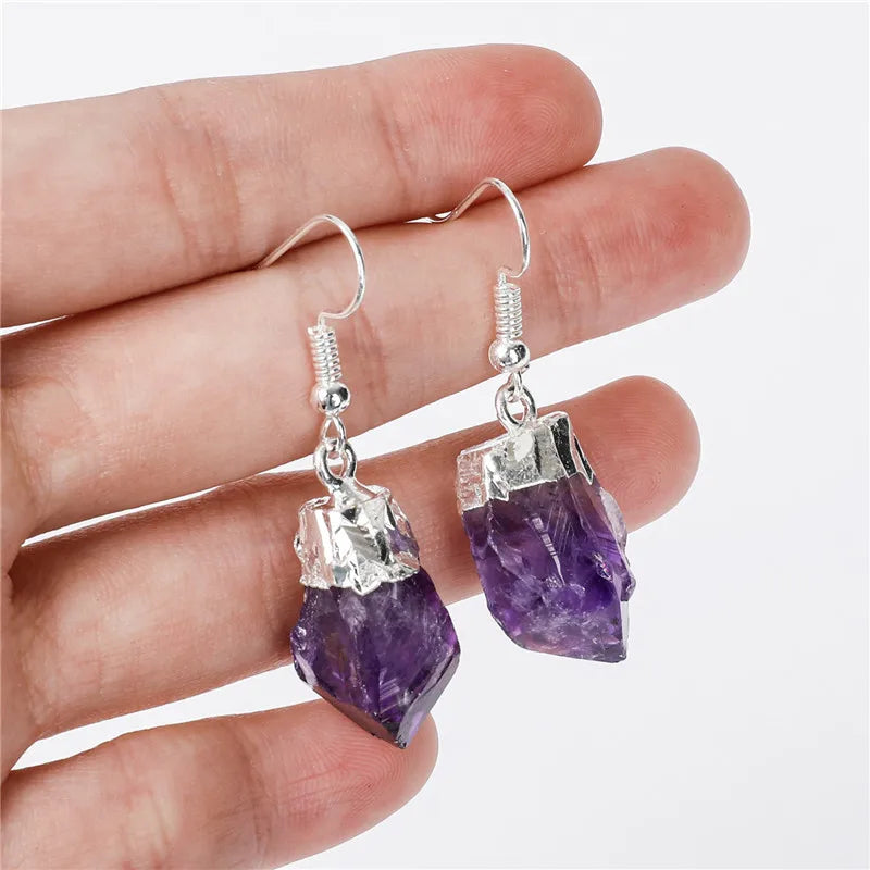 Raw Amethyst Earrings Crystal Gemstone Earrings Opp Bag Drop Earrings JSY Jewelry Plated Personalized Retro Natural 10 Pairs