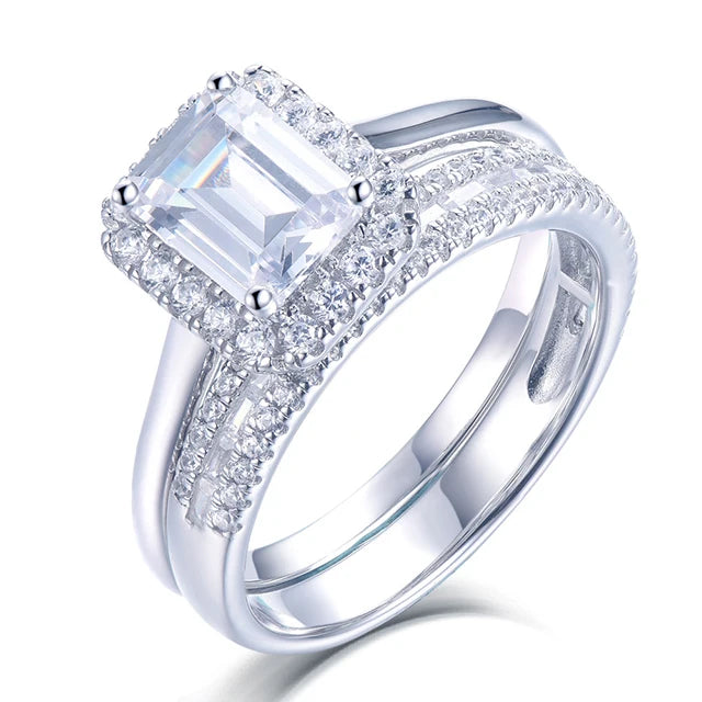 925 Sterling Silver Emerald Cut Diamond Wedding Ring Sets for Women