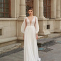 11780# Bohemian Open Back Chiffon Long Sleeves Boho Beach Lace Deep V Neck Sexy Wedding Dress Wedding Bridal Gown Bridal Dress