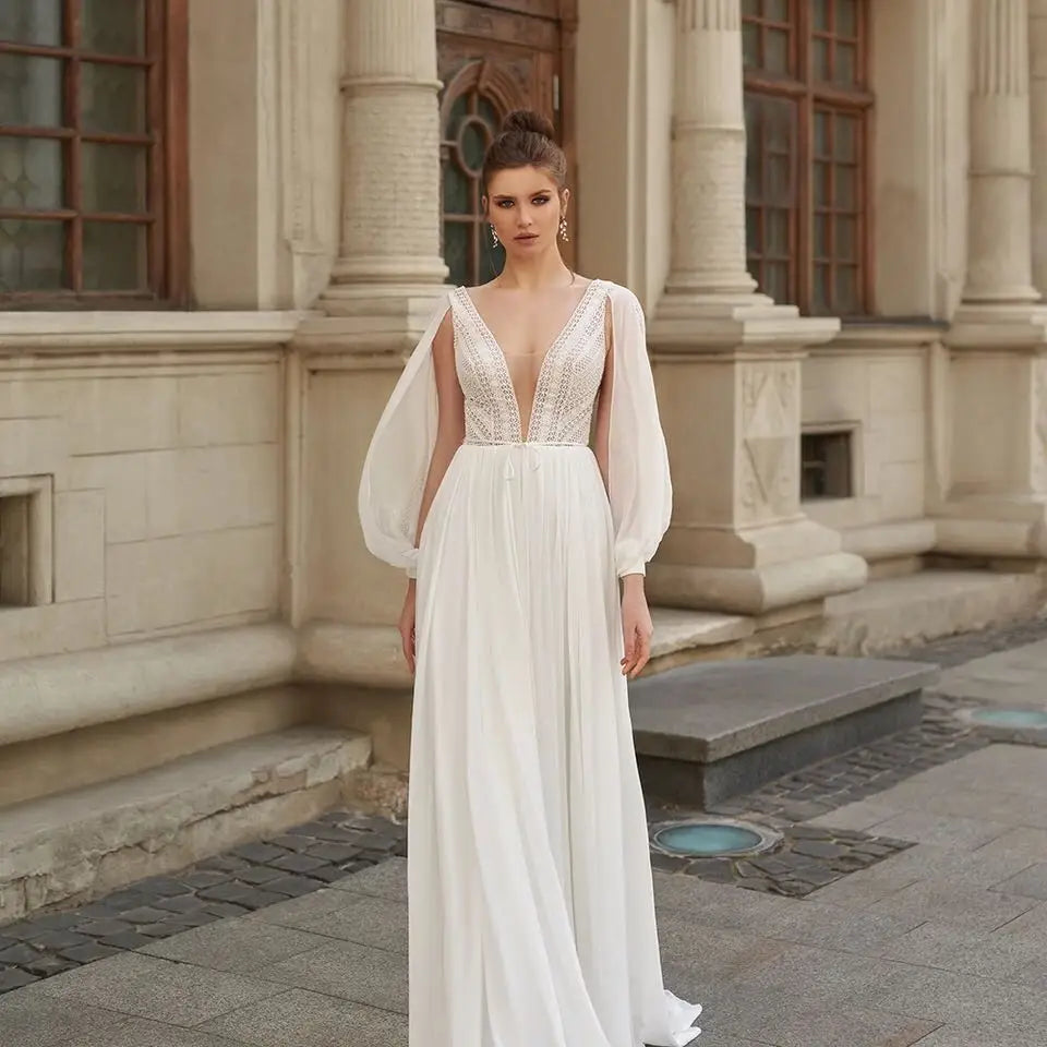 11780# Bohemian Open Back Chiffon Long Sleeves Boho Beach Lace Deep V Neck Sexy Wedding Dress Wedding Bridal Gown Bridal Dress