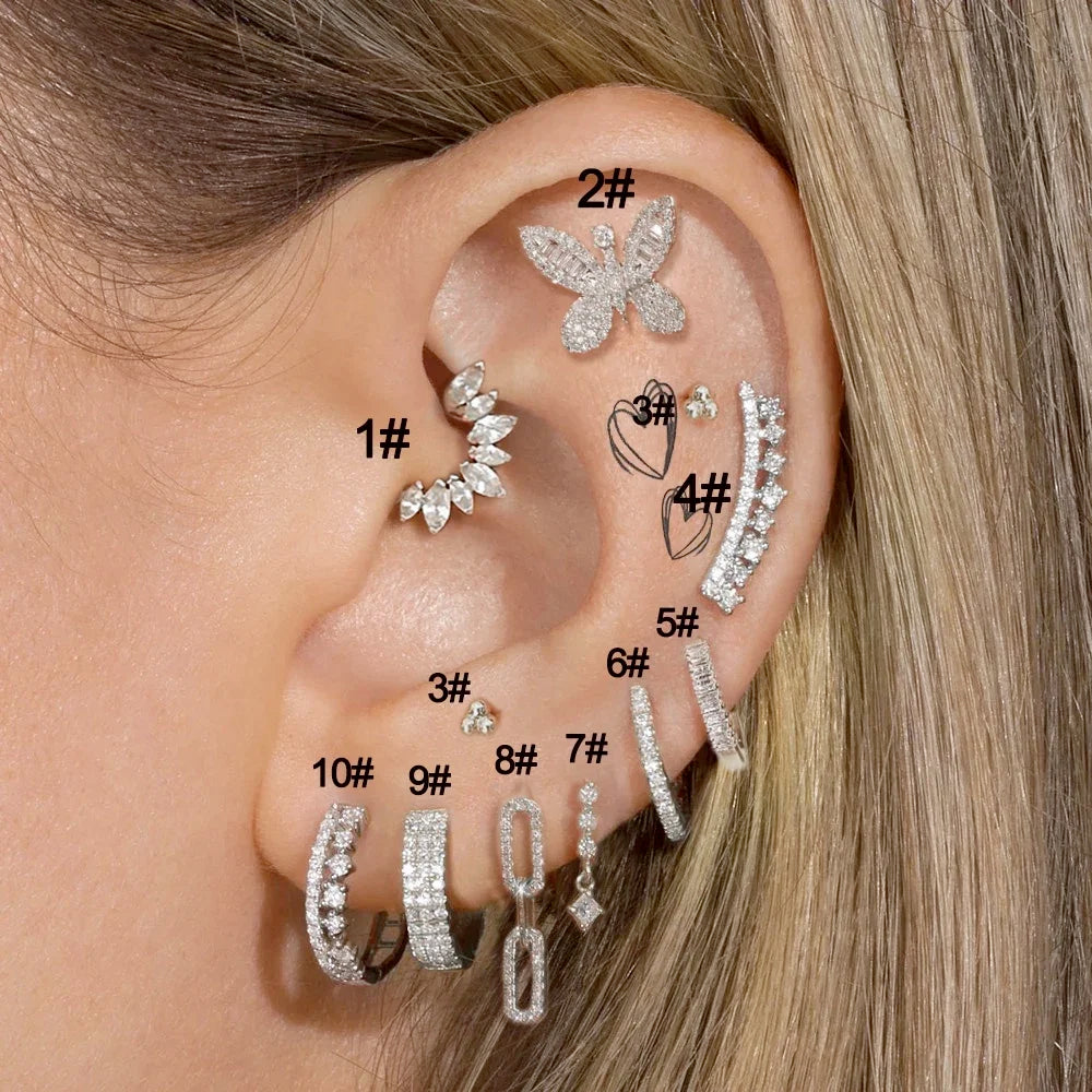 Ear Studs Hoops Ear Piercing Zircon Butterfly Heart Women Cartilage Helix Daith Conch Tragus Earring Jewelry Gift