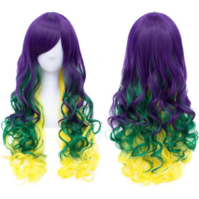Purple Green Yellow Cosplay Wig Mardi Gras Carnival Party Wig Long Wavy Wig