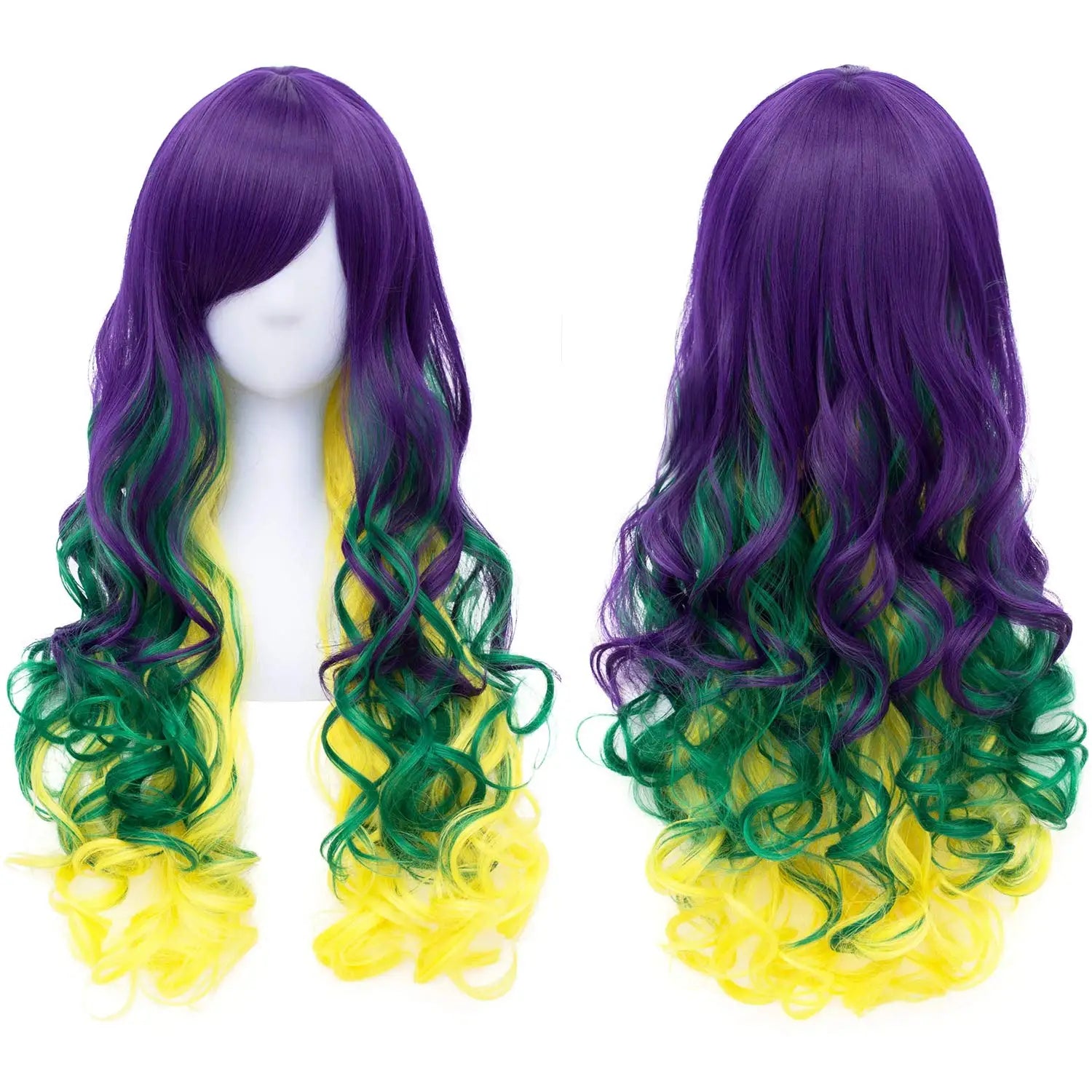 Purple Green Yellow Cosplay Wig Mardi Gras Carnival Party Wig Long Wavy Wig