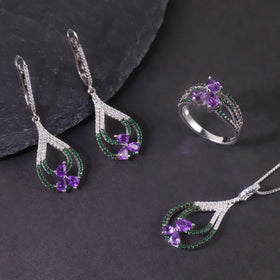 W0467 Wholesale Personalized Jewelry Natural Inspired Purple Stone Rhodium Plated Sterling Silver Natural Amethyst Jewelry Set