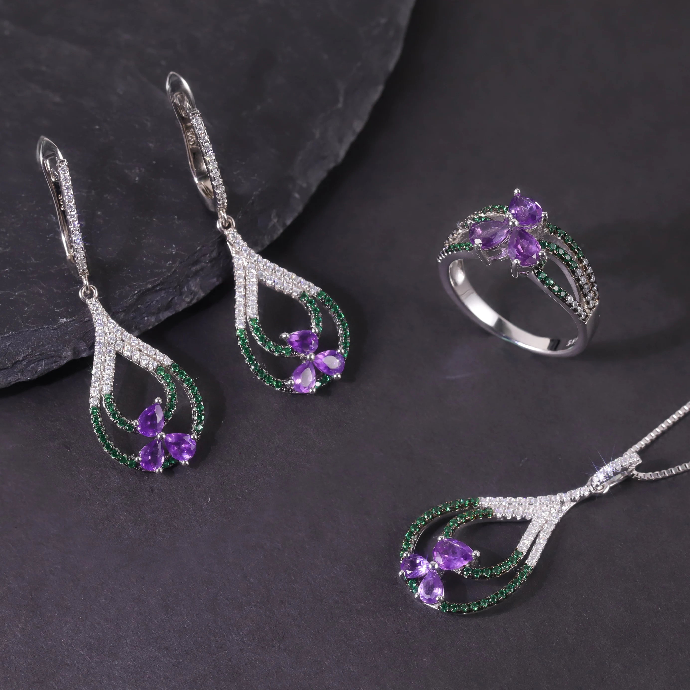 W0467 Wholesale Personalized Jewelry Natural Inspired Purple Stone Rhodium Plated Sterling Silver Natural Amethyst Jewelry Set