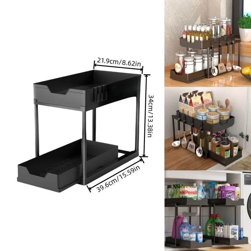 Sink Storage Rack - Double Sliding Cabinet Basket with Hooks - Multi Functional Cabinet Storage Rack Suitable for Home Kitchens