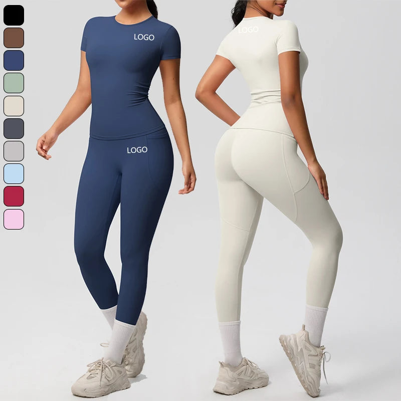 XW-7103+7108 Women's Gym Leggings & T-Shirt Set Quick Drying Outdoor Fitness Yoga Wear Plus Size Shorts