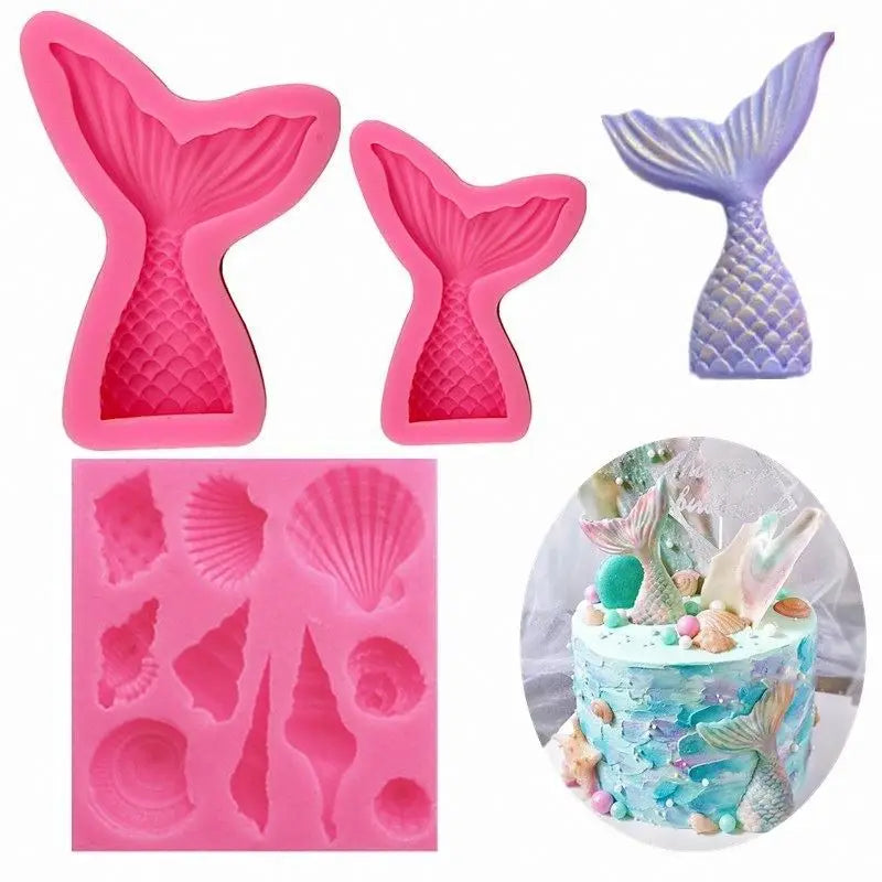 3 PCS Silicone Fondant Tools Cake Decorating Set Silicon Mermaid Tail Seashell Fondant Mold for Marine Theme