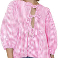Custom French Style Gingham Plaid Tie Front Blouse Women Puff Sleeve Peplum Top Cotton Checkered Shirt for Boutique Wholesale