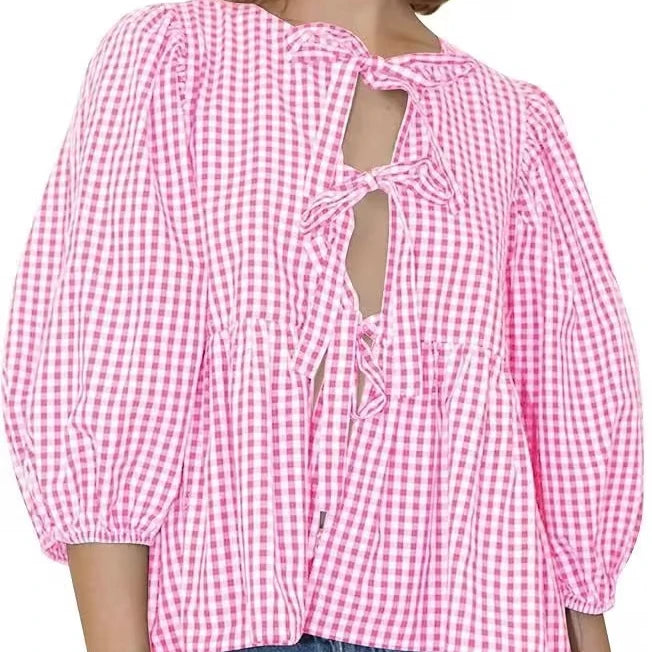 Custom French Style Gingham Plaid Tie Front Blouse Women Puff Sleeve Peplum Top Cotton Checkered Shirt for Boutique Wholesale