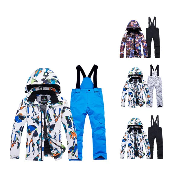 Custom logo Windproof Winter Cold Snow Suits Warm Thick Boys Girls Children Skiing Jacket Ski Pants Waterproof Kids Ski Suits