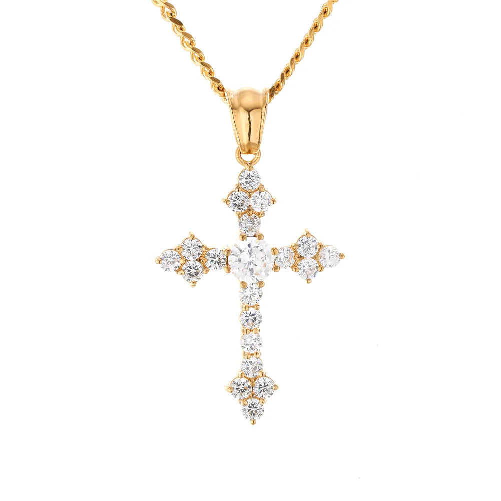 Hip Hop Men's Stainless Steel Cuban Link Chain Bling CZ Zircon Cross Pendant Necklace Gold Silver Main Wedding Engagement Gifts